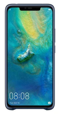 A Huawei Mate 20 Pro smartphone is shown from the front, displaying its screen with a colorful wallpaper and the time and date at the bottom.