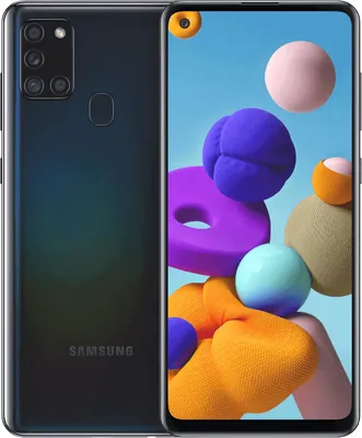 A Samsung Galaxy A21s smartphone is shown from the front and back, with a colorful abstract background on the screen.