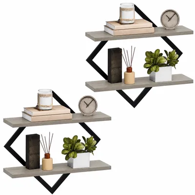 Produktbild von 2er Set Wandregal 2-stöckig Steingrau Metallrahmen MDF Schweberegal Hängeregal Wandablage Industrie-Design