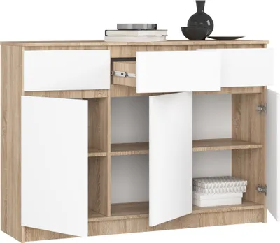 Zdjęcie produktu dla AKORD Furniture Factory OP0LK-1DABBIA008, Biały, Dąb, 3 szuf., Matowy, 6 pół., 3 drzw., 16 mm