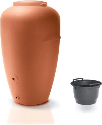 A terracotta-colored rain barrel and a gray bucket are shown against a white background.