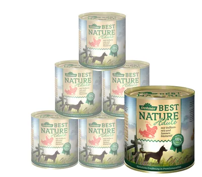 Produktbild von Dehner Best Nature Hundefutter, Nassfutter getreidefrei, für ausgewachsene Hunde, Lachs / Geflügel / Reis, 6 x 800 g Dose (4.8 kg)