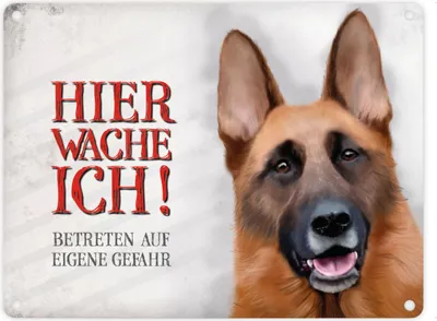 Produktbild von Metallschild mit Schäferhund Motiv und Spruch: Betreten auf eigene Gefahr ...