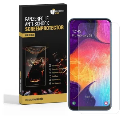 A product package for a screen protector next to a smartphone with the screen protector applied.