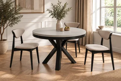 Produktbild von Runder Ausziehbarer Esstisch im Loft-Stil - Industrieller Tisch mit Schwarzen Metallbeinen - Platzsparender Tisch für Wohnzimmer - Kaschmir Grau Beige - 120 bis 200 cm