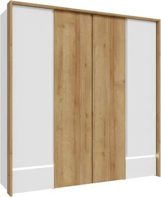 Produktbild von Furniture24 Kleiderschrank 204.7 x 212.7 x 58.2 cm LENNYBELARDO LNBS3411B 4-türiger Schlafzimmer Schrank 3 Kleiderstangen 2 Schubkästen Weiß/Weiß Glanz/Riviera Eiche
