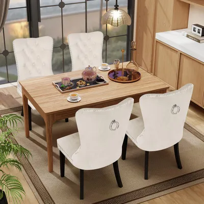 Productafbeelding van Puluomis eethoekstoelen, set van 4, fluweel, keukenstoel, gestoffeerde stoel, fauteuil voor de eethoek met massief houten poten en nageldetails, elegant en stijlvol, beige