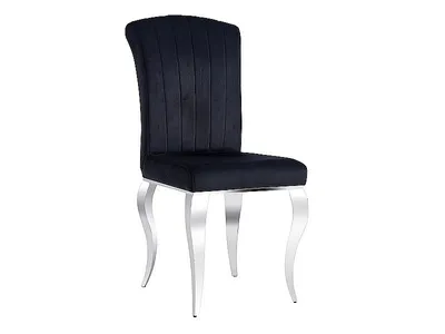 A single black dining chair with silver legs against a white background.
