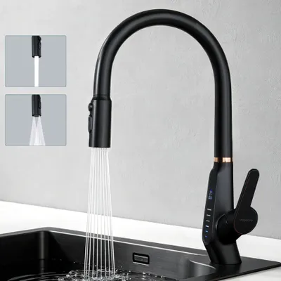 Produktbild von Mai & Mai Wasserhahn Küche Küchenamatur ausziehbar 360° drehbar 3 Wasserstrahl-Modi LED-Digitalanzeige Küchenwasserhahn Spültischarmatur Schwarz 8085