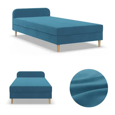Produktbild von Einzelbett 120x200, Kontinentales Bett mit Kopfteil, Bett mit Matratze, Jugendbett, Kinderbett, Veloursbett Samtstoff Blau Meeresfarbe CASPE 120 x 200