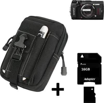 Produktbild von Kompatibel mit Olympus TOUGH TG-5 Gürteltasche / Holster schwarz Schutz Hülle Kameratasche Fototasche Case Bag + 16 GB Memorycard Extrafächer,