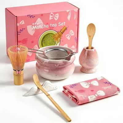 Produktbild von Matcha Set 8-teilig Keramikschale Bambusbesen Chasen Halter Löffel Sieb Tuch Lila