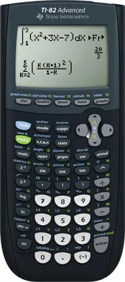 A black Texas Instruments TI-82 Advanced calculator is shown against a white background. The calculator's screen displays mathematical equations and formulas.