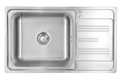 A top-down view of a stainless steel kitchen sink with a single basin and a draining board.
