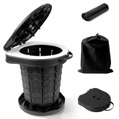Produktbild von Campingtoilette Rund Faltbar, Campingklo, Tragbare Mobile Toilette mit Aufbewahrungstasche & Müllbeuteln, Reise WC für Camping, Outdoor, Schwarz