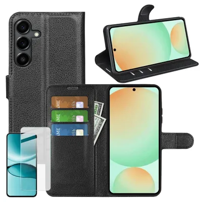 Immagine prodotto di Per Samsung Galaxy S25 FE Pelle finta libro portafoglio cellulare caso nero + 9H vetro duro