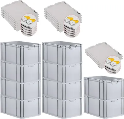 Produktbild von SuperSparSet 10x Eurobox NextGen Economy mit Scharnierdeckel und gelben Schiebeschnappverschlüssen | Griffe geschlossen | HxBxT 32x40x60cm | 65 Liter | Eurobehälter, Transportbox, Transportbehälter, Stapelbehälter