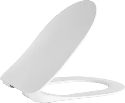 A white toilet seat is shown from a diagonal angle against a white background.