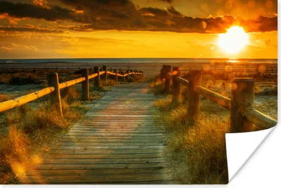 Produktbild von MuchoWow® Poster Sonne - Strand - Düne - Horizont - Gras - Weg - Orange 120x80 cm - Bilder