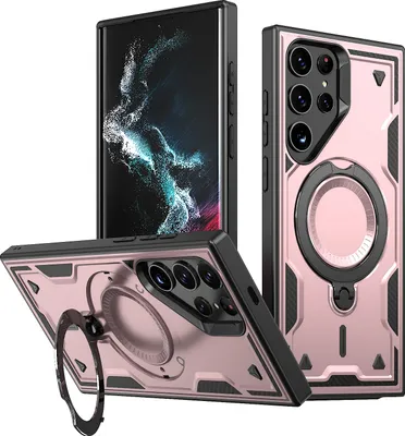 Produktbild von Dual Layer Hülle für Samsung Galaxy S22 Ultra Metall Ring Ständer Magnetisch Stoßfest Militär Handyhülle Roségold