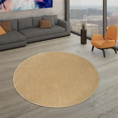 A modern living room with a sectional sofa, an orange accent chair, and a round beige rug.