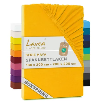 Produktbild von Lavea® Spannbettlaken 180-200x200 cm - Boxspringbett, Jersey, 40 cm Steghöhe, 100% Baumwolle, weich, atmungsaktiv, pflegeleicht, formstabil - Goldgelb