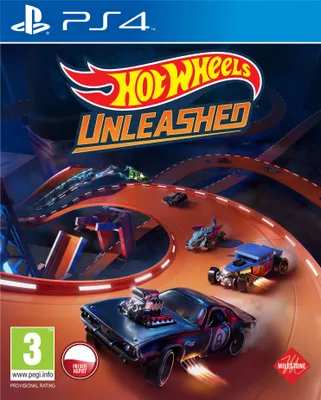 The image is the cover art for the video game Hot Wheels Unleashed for PlayStation 4. It features several Hot Wheels cars racing on an orange track.