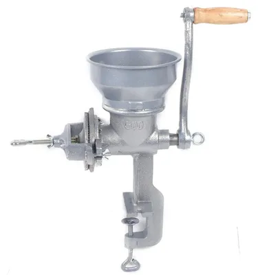 Obrázok produktu pre Ručný mlynček na kávu, korenie a obilniny – liatinový mlynček s ručnou kľukou – stolová svorka do 4,5 cm – výška 28,5 cm – otvor Ø 14 cm – cca 4 kg