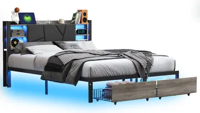 Obrázek produktu pro Čalouněná postel 160x200 s LED osvětlením a funkcí nabíjení USB, kovová postel Rám postele s úložným prostorem v čele Postel se zásuvkami Postel pro mladé Manželská postel s roštovým rámem
