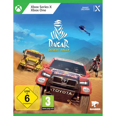 The cover art for the video game Dakar Desert Rally, featuring racing vehicles in a desert environment.