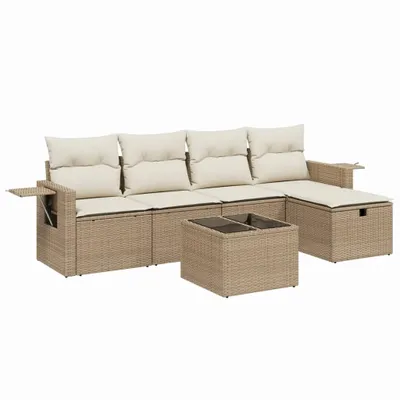 Imagen del producto de Conjunto de sofá de jardín de 6 piezas con cojines, color beige, fabricado en polirratán