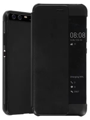 A black smartphone with a flip cover case, showing the phone's screen with time and date.
