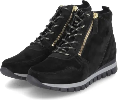 A pair of black high-top sneakers with gold zippers and laces, shown from a slightly elevated side angle on a white background.