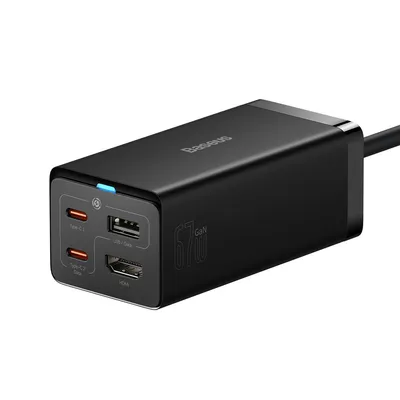A black multi-port charger with various connection types.