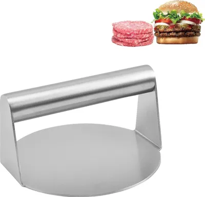 Obrázek produktu pro Lis na hamburgery z nerezové oceli, kulatý lis na maso, ruční lis na karbanátky, lis na hamburgery pro chutné hamburgery, karbanátky, grilování, rukojeť z nerezové oceli
