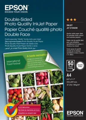 Zdjęcie produktu dla Epson Double-Sided Photo Quality Inkjet Paper - A4 - 50 Sheets, Druk atramentowy, A4 (210x297 mm), Matowy, 50 ark., 140 g/m², 220 mm