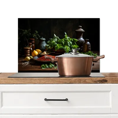 Obrázok produktu pre KitchenYeah® Kuchynský splashback - Kuchynský splashback - Ochrana steny sporáka a drezu - Bylinky - Zátišie - Korenie - Čierny 70x50 - Hliníkový dibond (alternatíva skleneného splashbacku) - Tepelne odolný