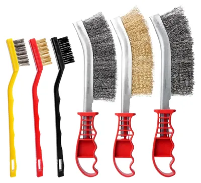 Produktbild von 6-teiliges Drahtbürsten-Set: 2 große Edelstahlbürsten, 1 Messingbürste, 3 kleine Edelstahl-, Messing- und Nylon-Drahtbürsten zur Reinigung von Rost, Farbe und Schweißschlacke