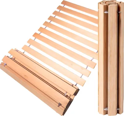 A wooden slatted bed base is shown, partially unrolled and partially rolled up.