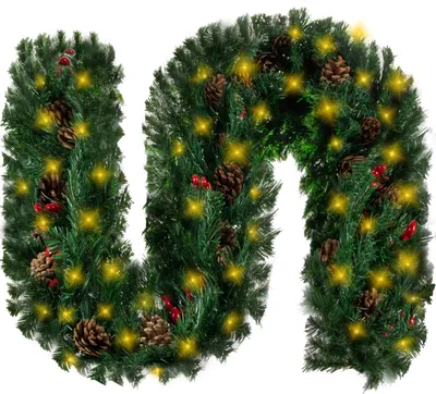 A festive artificial Christmas garland with pine cones, red berries, and yellow LED lights.