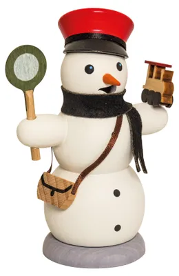 Produktbild von Drechslerei Kuhnert Räucherfigur - Schneemann als Eisenbahner - ca. 13 cm - für Räucherkerzen M - aus dem Erzgebirge