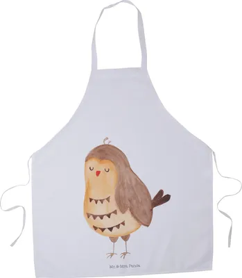 Produktbild von Mr. & Mrs. Panda Schürze Eule Zufrieden - Weiß - Geschenk, Waldtier, Wortspiel Lustig, glücklich, Latzschürze, Küchenschürze, Owl, Kochkleidung, Hochzeitstag, Kochschürze