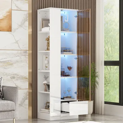 Immagine prodotto di Vetrina con porta in vetro e illuminazione a LED, mobile alto con cassetti, 50x35x160 cm, bianco