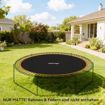Zdjęcie produktu dla Okrągła mata zastępcza do trampoliny, mata do skakania z polipropylenu, z ochroną przed promieniowaniem UV, pomarańczowo-czarna | Ø 323 cm | 72 pierścienie w kształcie litery V | do 120 kg