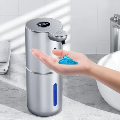 Immagine prodotto di Distributore automatico di sapone da 380 ml con display digitale, a sensore, ricaricabile tramite USB, resistente all'acqua (IPX5), colore argento