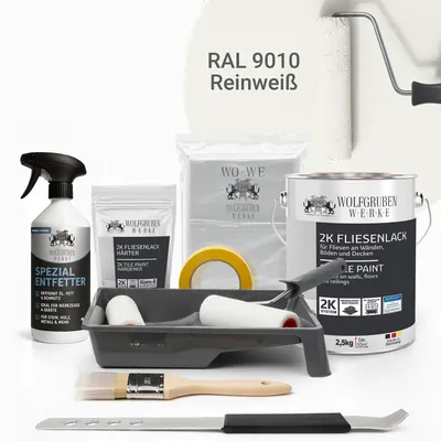 Produktbild von WO-WE Komplettset 2K Fliesenlack Renovierungsset für Küche, Badezimmer, Wand- & Bodenfliesen Reinweiss 2,5Kg