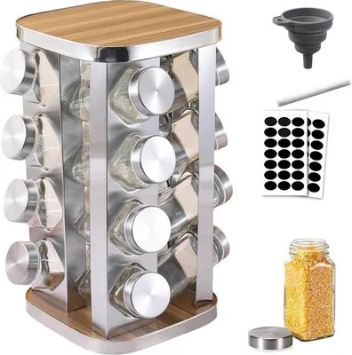 Productafbeelding van RVS kruidenrek met 16 glazen potjes, 360° draaibaar - Keukenorganizer