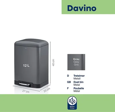 Image de KELA Poubelle à pédale Davino silent close 12l 27x23,5cm H:40cm inox gris