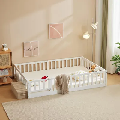 Immagine prodotto di Lettino FCH con protezione anticaduta e rete a doghe, 90x200 cm, lettino a terra in stile Montessori con uscita laterale, letto singolo per camera dei ragazzi, bianco