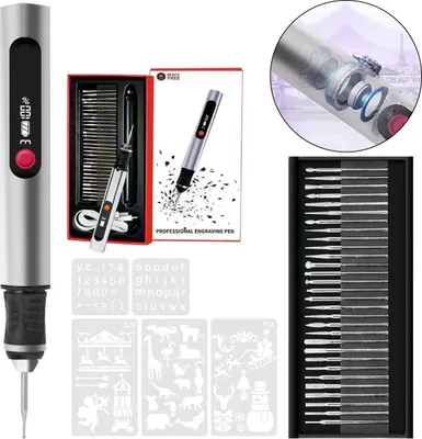 Produktbild von Kabelloser Tragbarer Modellierstift Silber – 30 Bohrer + 5 Schablonen, Für über 50 Oberflächen, Wiederaufladbar